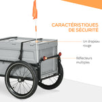Remorque à vélo avec coffre de rangement amovible et pliable de 65L, réflecteurs de sécurité, charge max. 40KG, gris