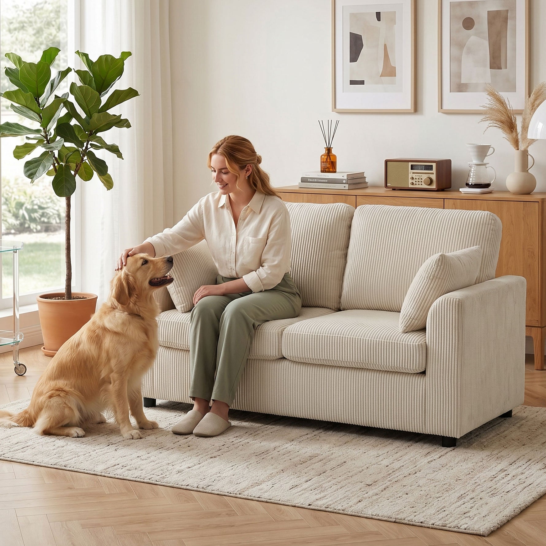 Canapé 2 Places en Velours Côtelé, Canapé de Salon 144 cm avec Assise Large Rembourrée, 2 Oreillers, Beige