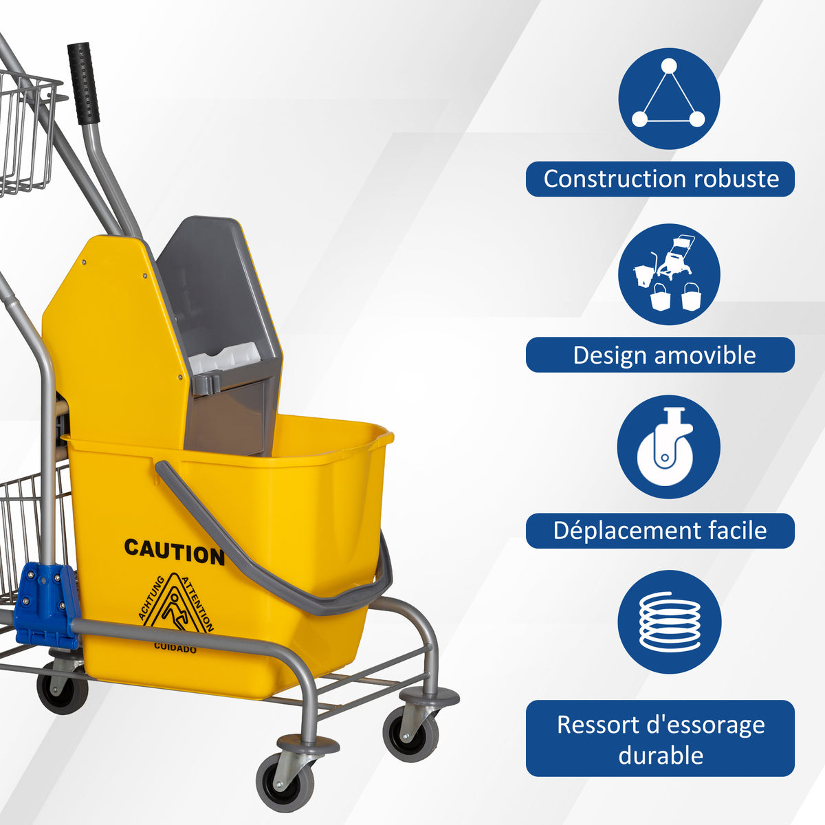 Chariot de lavage chariot de ménage professionnel presse à mâchoire seau 26 L + panier de rangements jaune