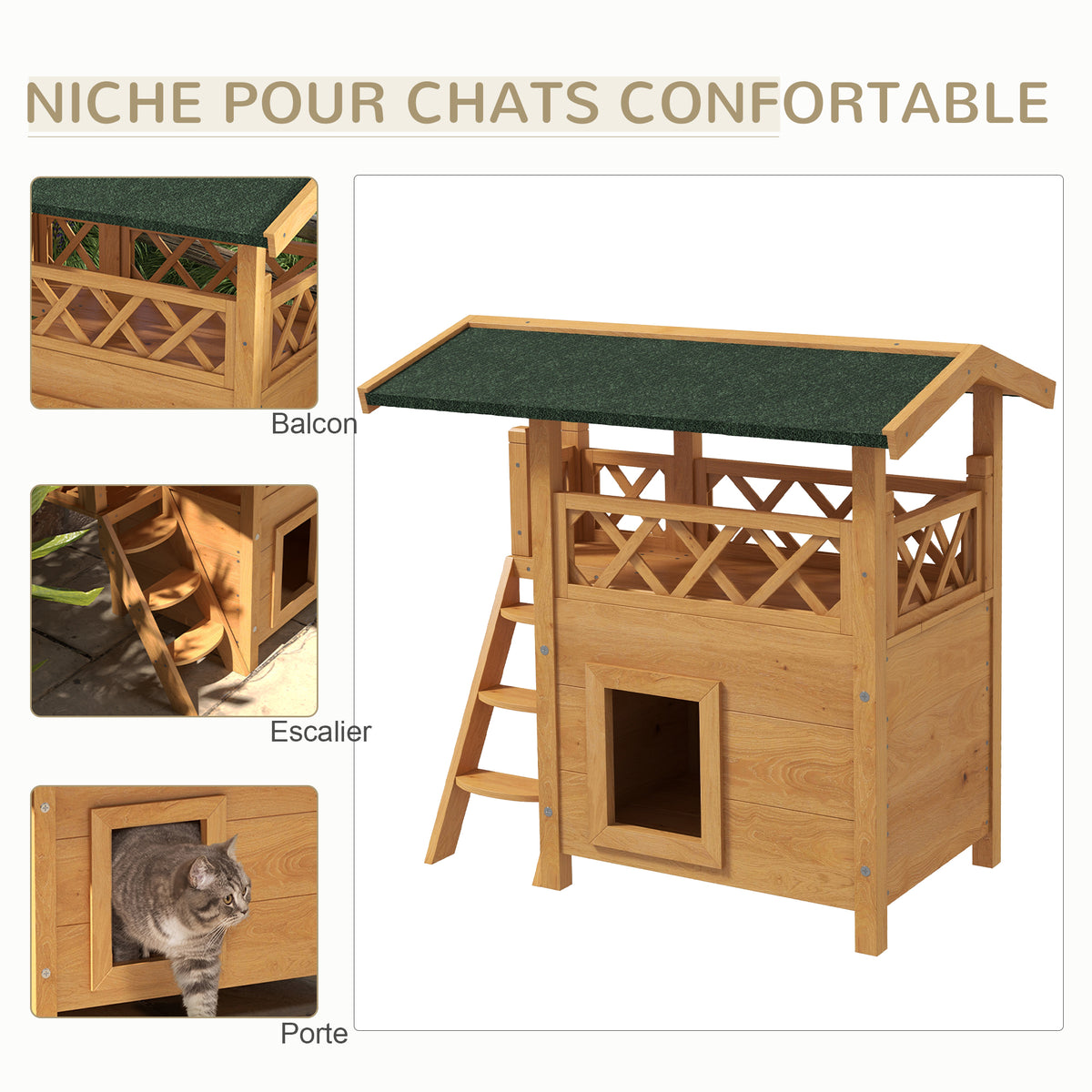 Cabane Chat Extérieur avec Terrasse, Escalier, Toit, Niche Villa, 77 x 50 x 73 cm Bois Naturel et Vert