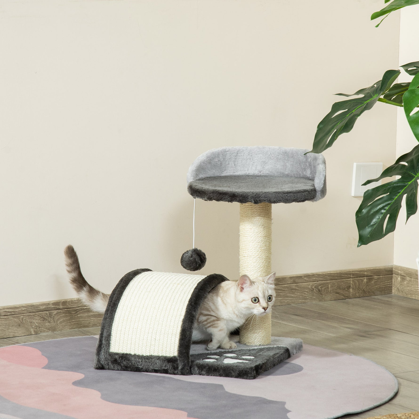 Arbre à chat griffoir grattoir design jeu boule suspendue + plateforme peluche sisal naturel gris foncé