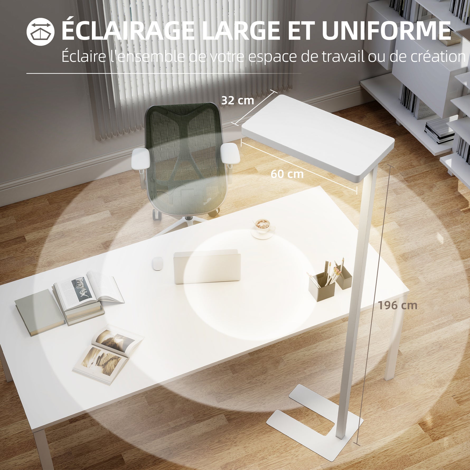 Lampadaire sur pied salon LED dimmable spectre complet pour le soin des yeux télécommande 60 x 32 x 196 cm blanc