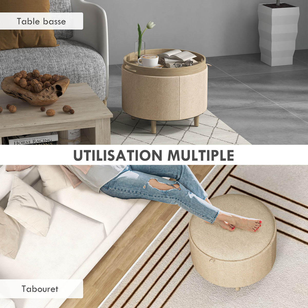 Pouf rotondo poggiapiedi sgabello con vano contenitore, vassoio reversibile, mobile 3 in 1 gambe in legno beige