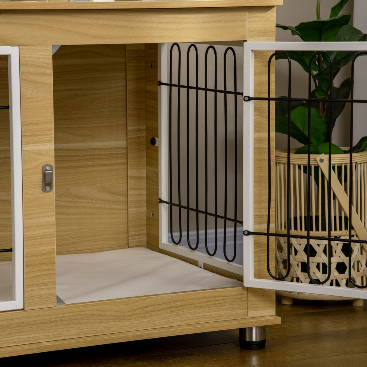 Cage pour chien animaux cage de chien sur pied avec coussin amovible acier aspect bois 90 x 58 x 65 cm