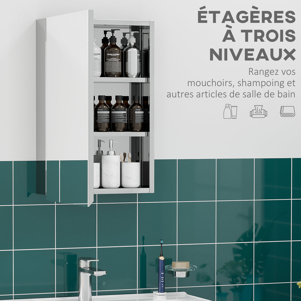 Armoire miroir de salle de bain en acier inoxydable armoire murale de toilette 39 x 12 x 60 cm