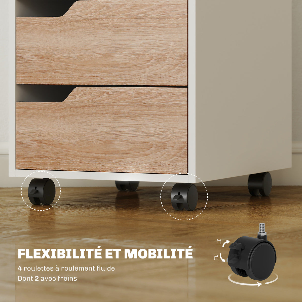 Caisson bureau mobile, meuble rangement bureau sur roulettes, 3 tiroirs, 40x50x57,5cm, blanc et chêne