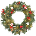 Couronne de Noël lumineuse 60 cm avec 50 LED, minuterie, 146 pointes, pommes de pin, baies, boules décoratives, vert