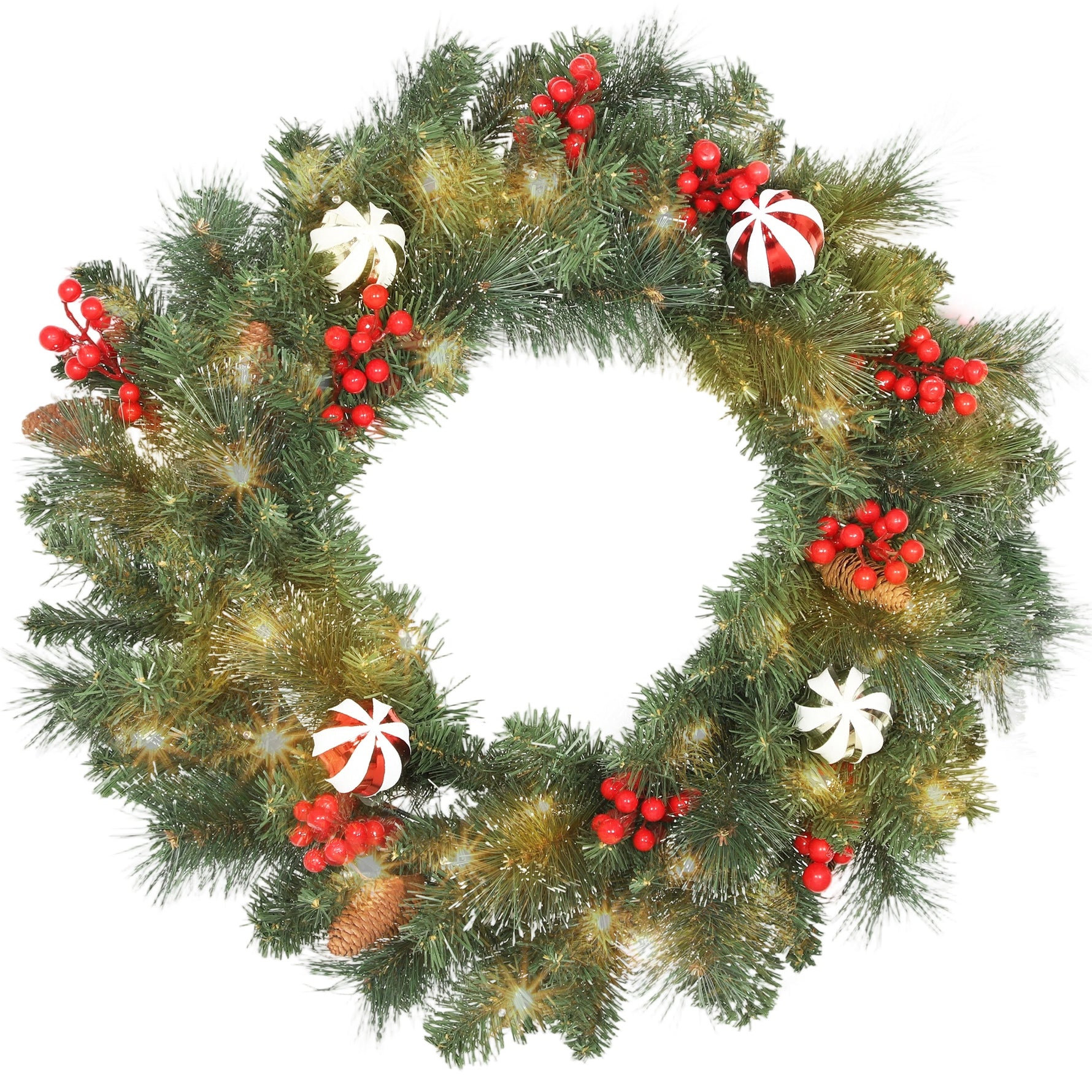 Couronne de Noël lumineuse 60 cm avec 50 LED, minuterie, 146 pointes, pommes de pin, baies, boules décoratives, vert