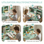 Bureau enfant en bois, bureau avec rangement, 2 tiroirs et 3 compartiments ouverts, plateau large, 90x52x105cm, vert