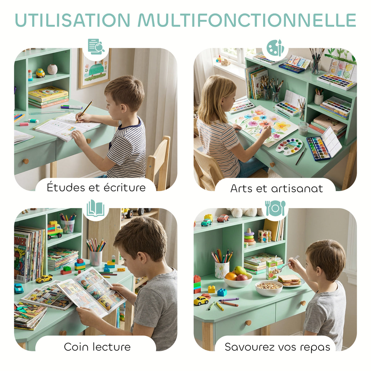 Bureau enfant en bois, bureau avec rangement, 2 tiroirs et 3 compartiments ouverts, plateau large, 90x52x105cm, vert