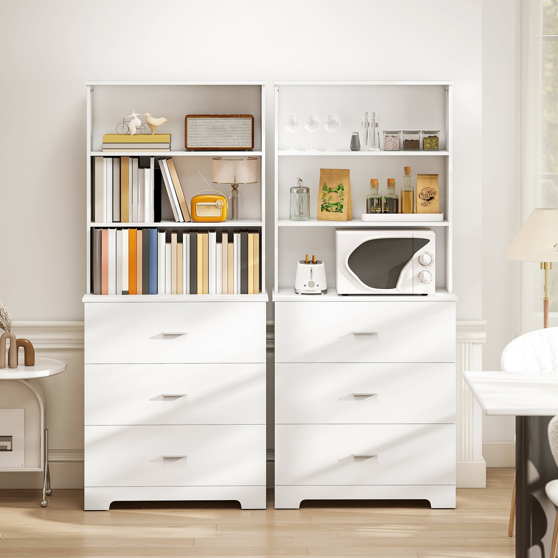 Bibliothèque à 6 niveaux, meuble de rangement avec 3 tiroirs et 3 étagères ouvertes, 79 x 39,5 x 182,2 cm, blanc