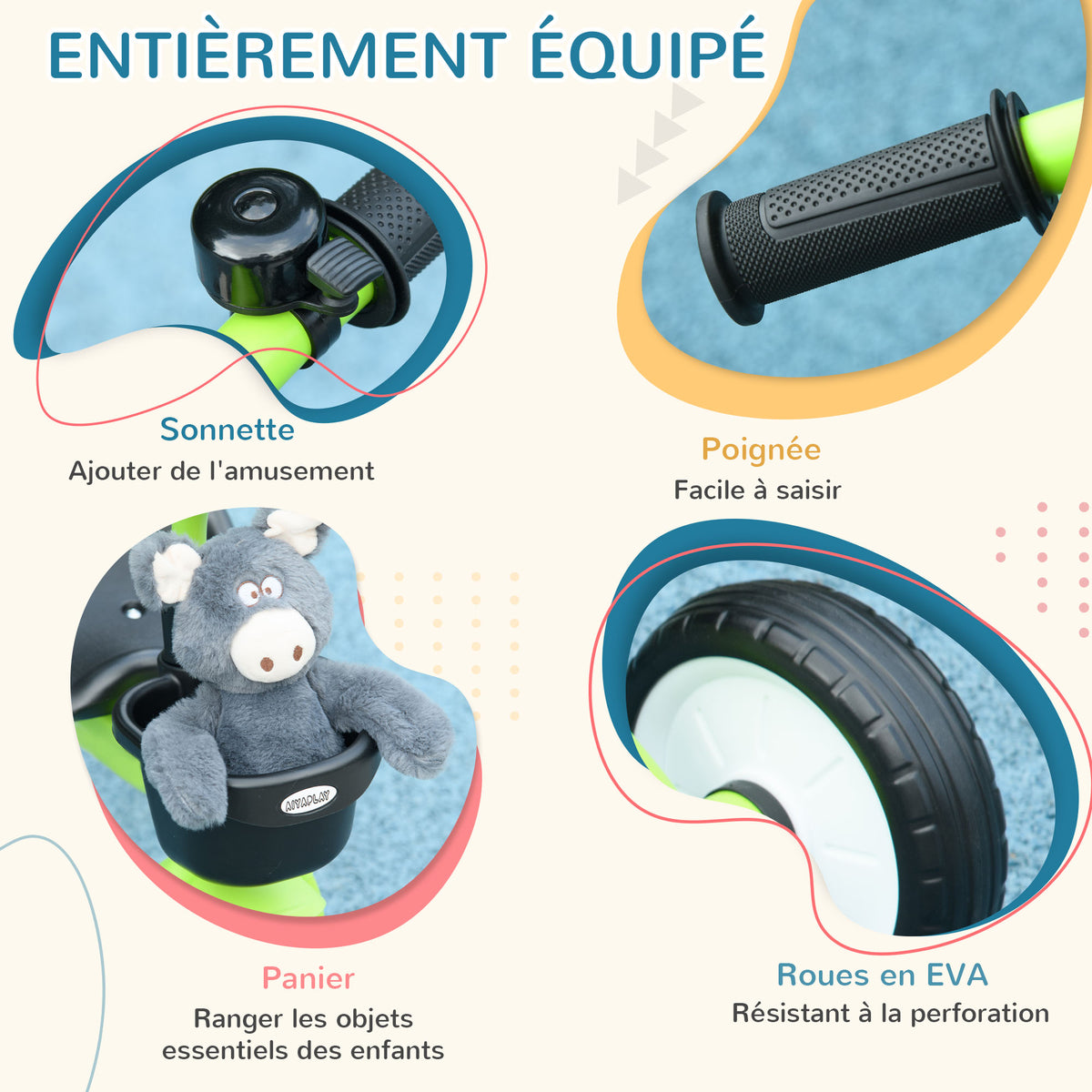 Tricycle enfants avec sonnette et panier selle réglable avec dossier - pour enfant de 2 à 5 ans vert