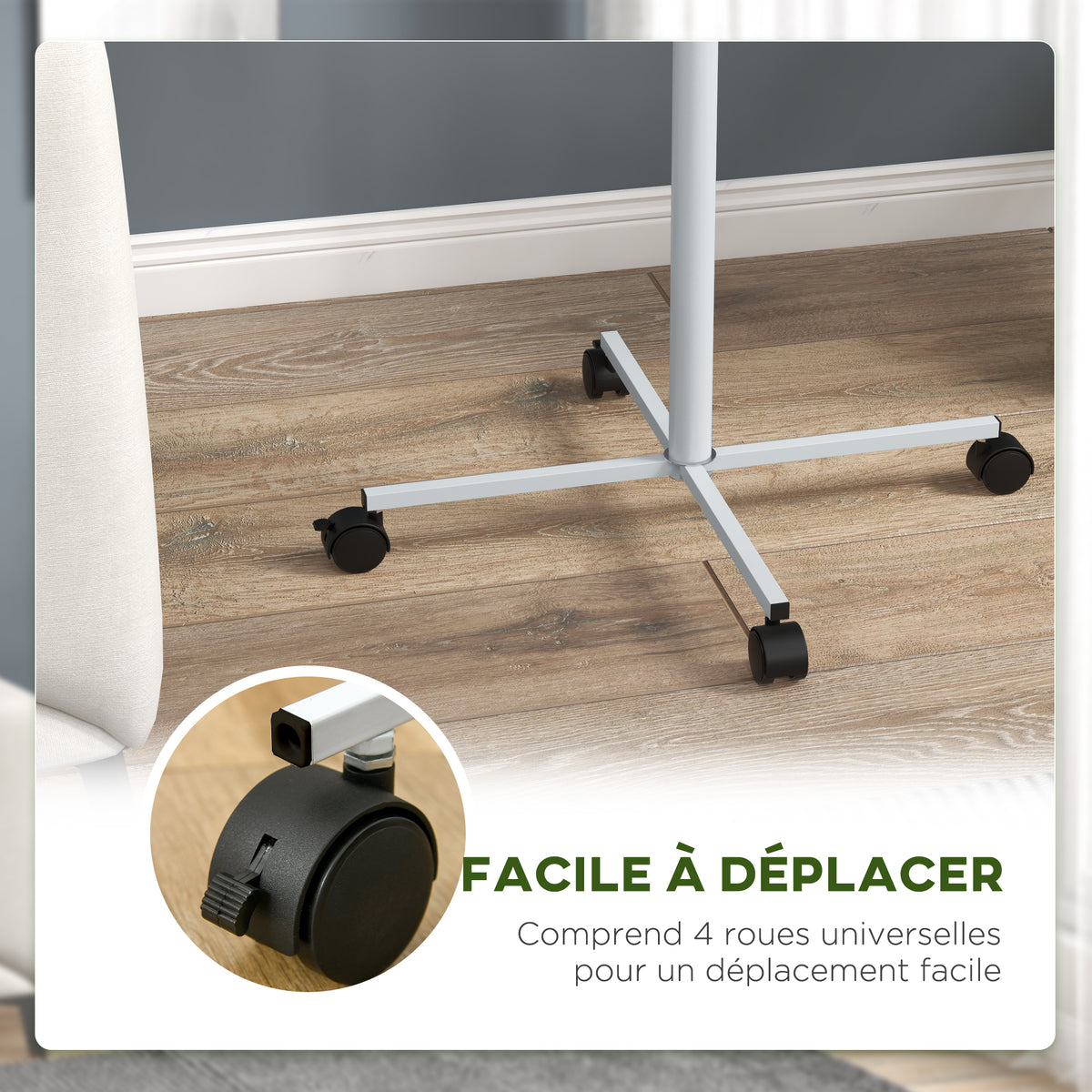 Mangeoire à oiseaux sur pied avec 4 roulettes perchoir 2 bols amovibles plateau rond acier inoxydable Ø 60 x 138H cm blanc