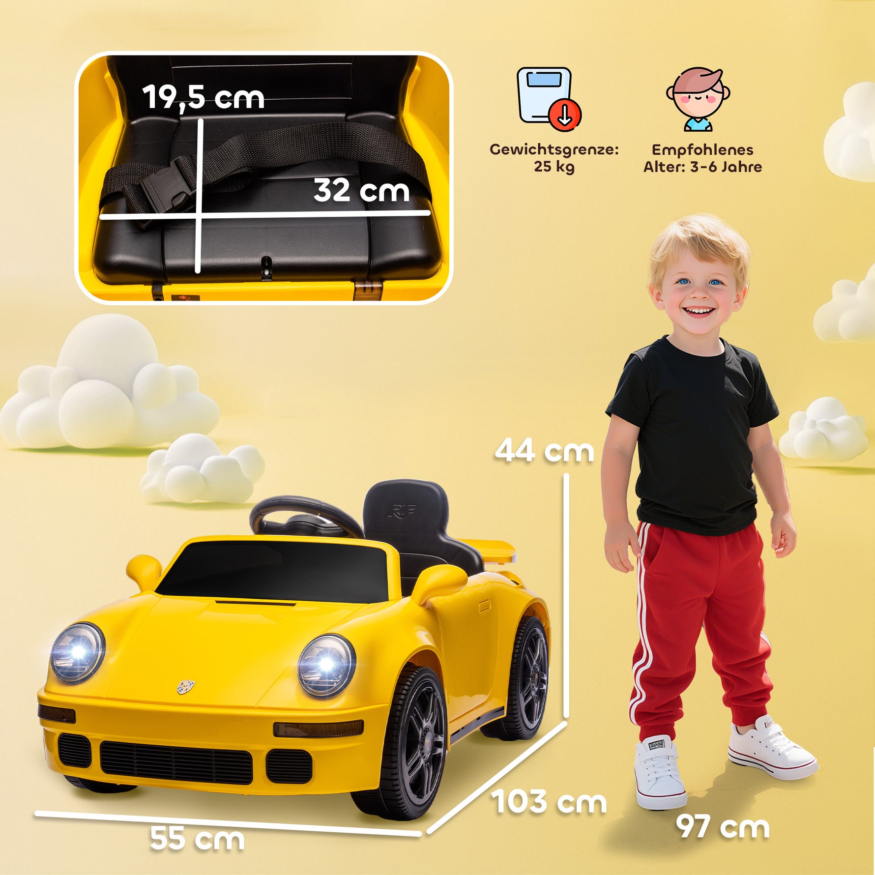 Voiture électrique enfants, véhicule électrique 12V, télécommande 2,4G, phares, musique, klaxon, 103 x 55 x 44 cm, jaune