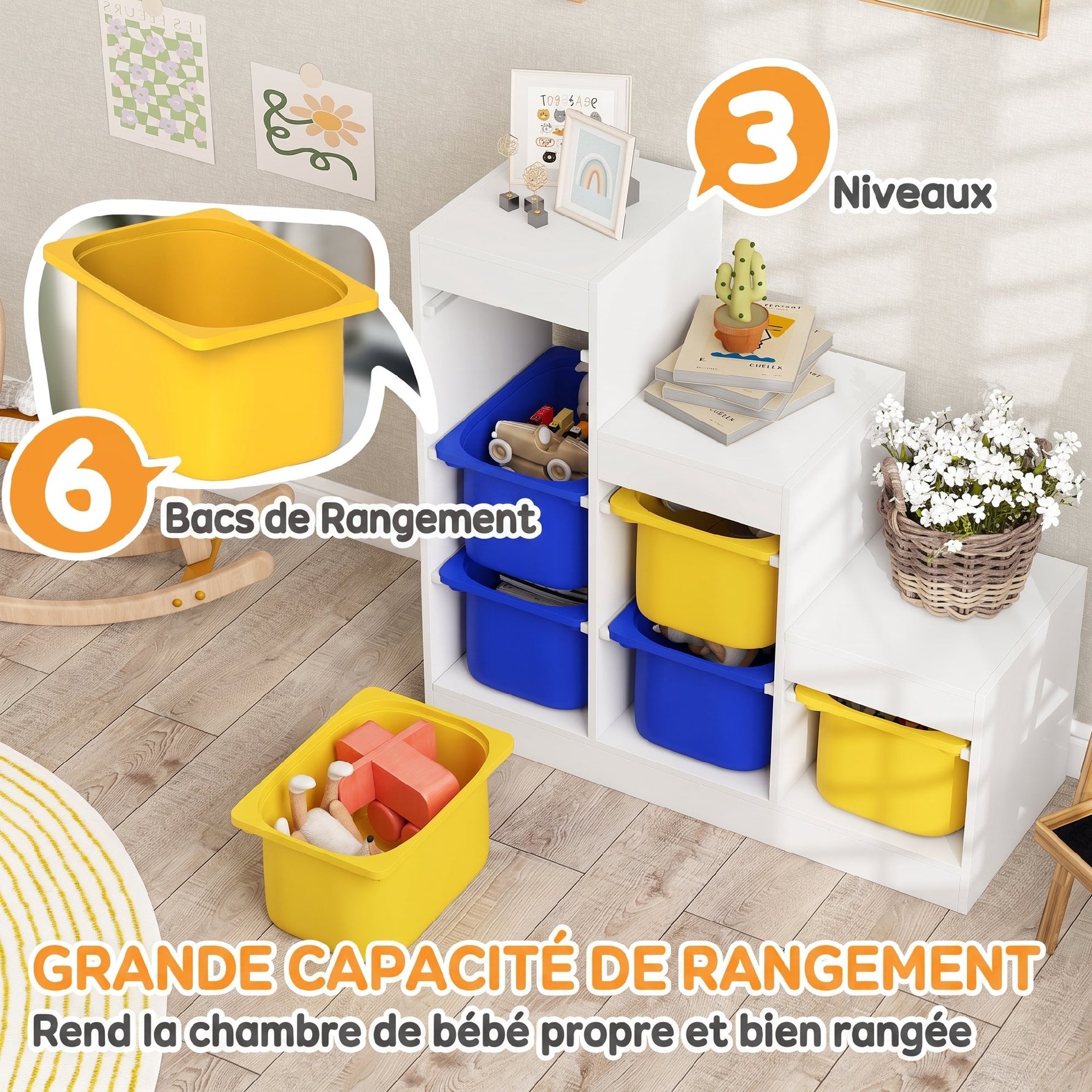 Meuble de rangement pour jouets des enfants avec 6 bacs amovibles, 3 niveaux de rangement, 96 x 38,5 x 90, multicolore