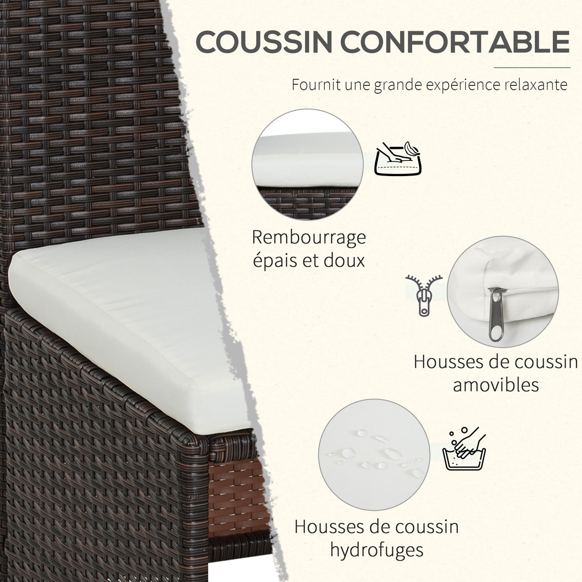 Ensemble salon de jardin encastrable 4 chaises monoblocs avec coussins déhoussables et table résine tressée