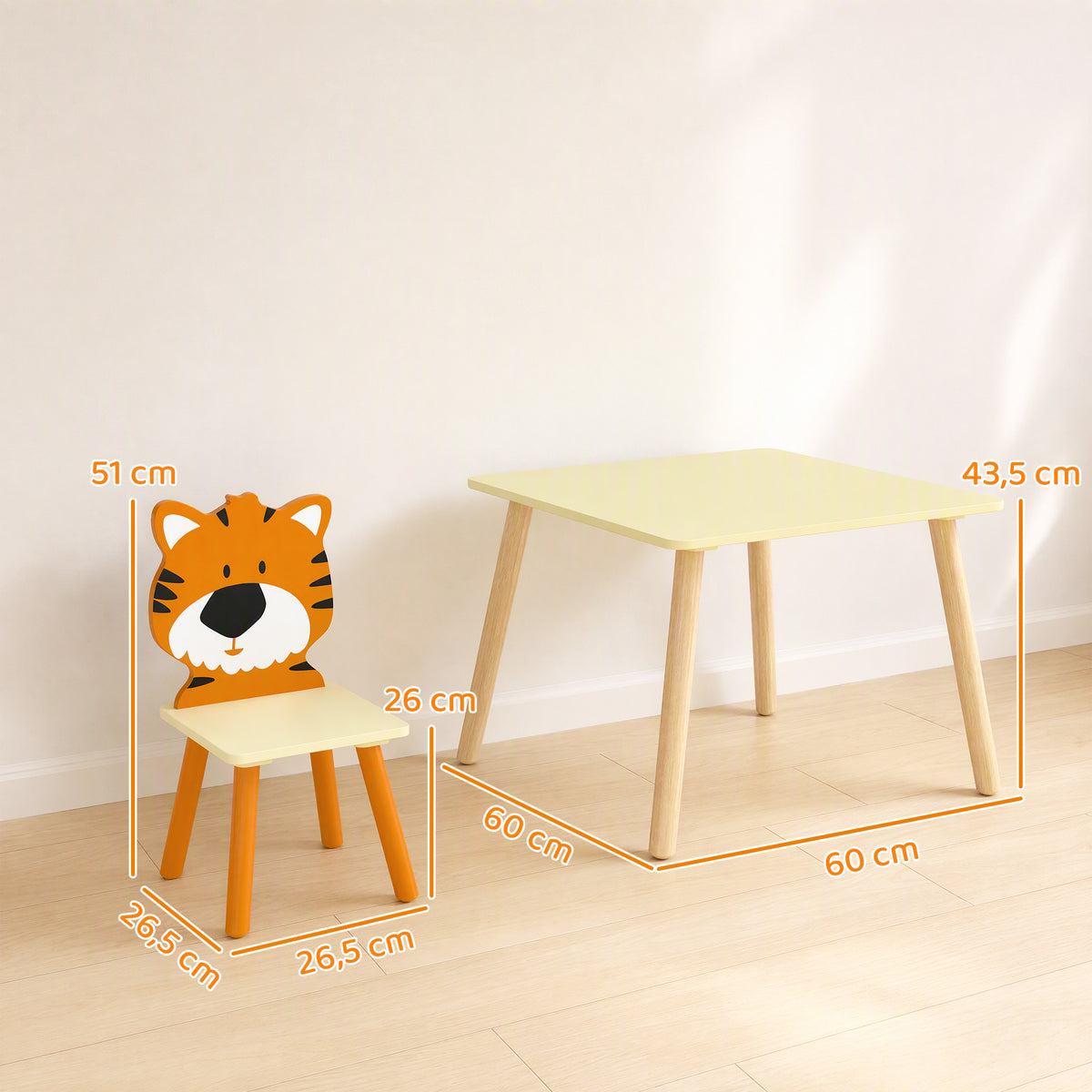 Kinderkamertafelset met 4 stoelen, 5-delig houten meubelset, rugleuningen in diervorm, afgeronde hoeken, 3-8 jaar, geel