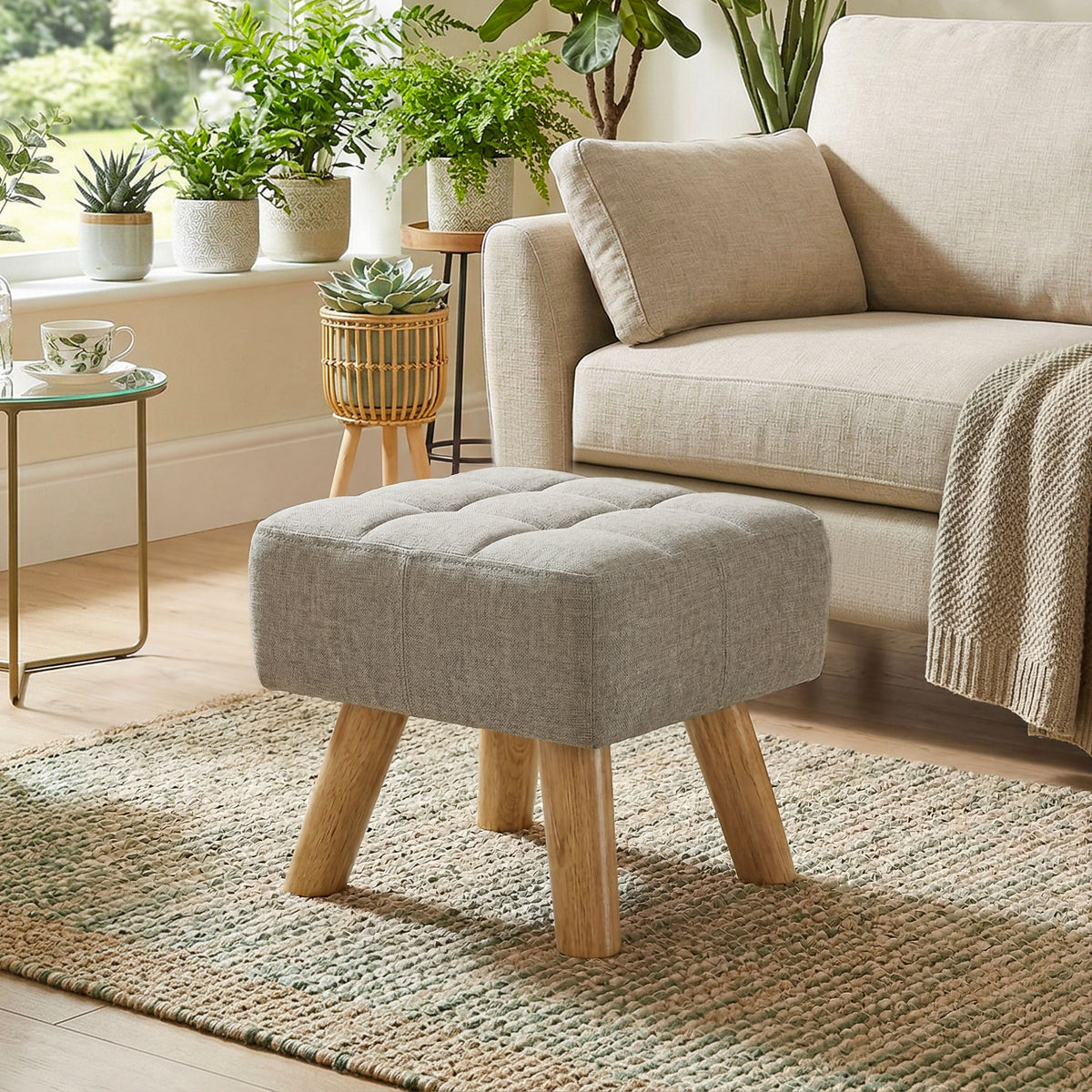 Poggiapiedi da salotto ottomana seduta imbottita in tessuto con gambe in legno 27 x 27 x 26 cm grigio chiaro