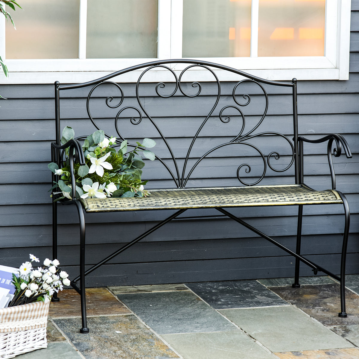 Banc de Jardin 2 Places Style néo-rétro Fer forgé Lignes fuselées métal Noir doré Effet Vieilli