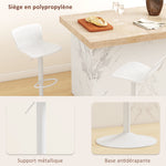 Lot de 2 tabourets de bar, chaises de bar réglable en hauteur, dossier et repose-pieds, 38,5x40x76,5-97,5cm, blanc