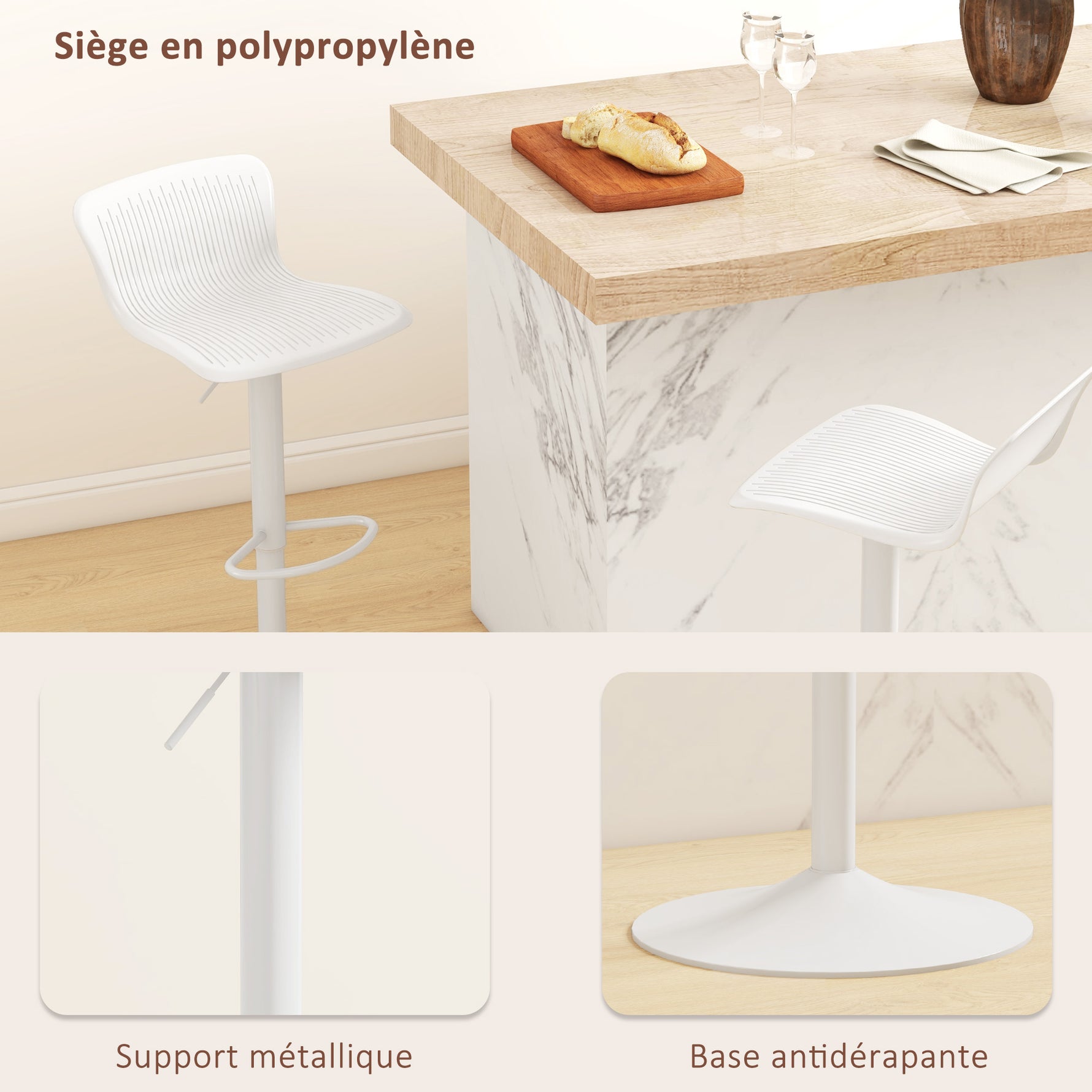 Lot de 2 tabourets de bar, chaises de bar réglable en hauteur, dossier et repose-pieds, 38,5x40x76,5-97,5cm, blanc