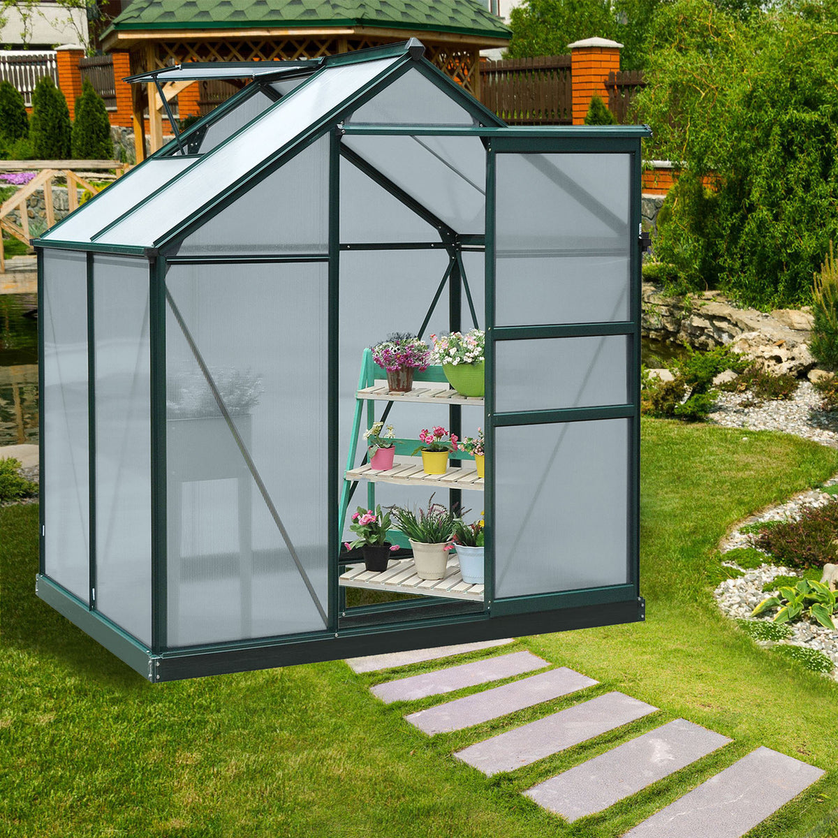 Serre de jardin polycarbonate 190 x 132 x 201 cm résistant aux UV 30+ fondation renforcé gouttière vert foncé