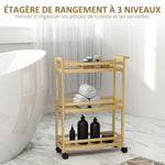 Étagère de rangement de salle de bain en bambou à 3 niveaux avec roulettes pour cuisine, salle de bain, salon - naturel
