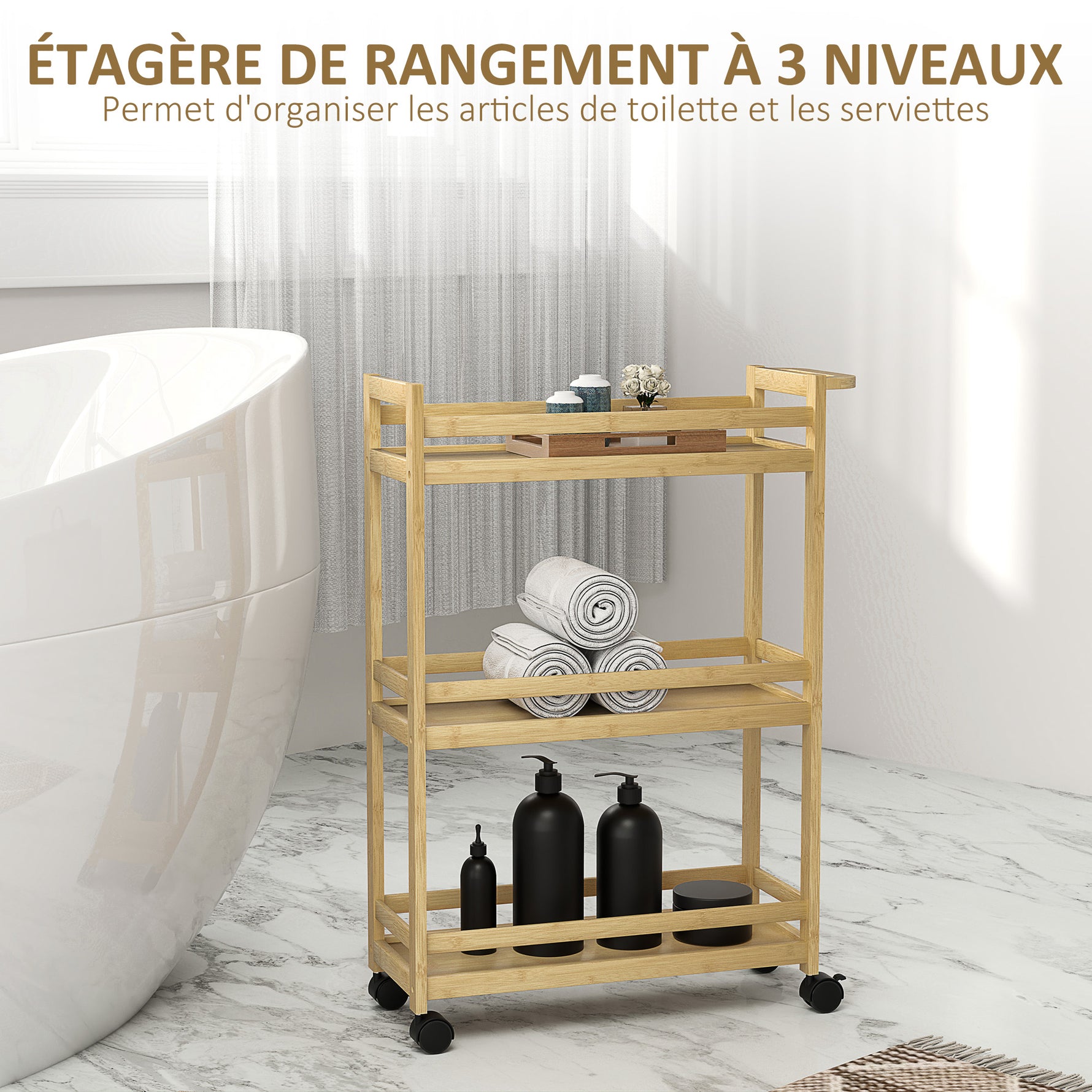 Étagère de rangement de salle de bain en bambou à 3 niveaux avec roulettes pour cuisine, salle de bain, salon - naturel