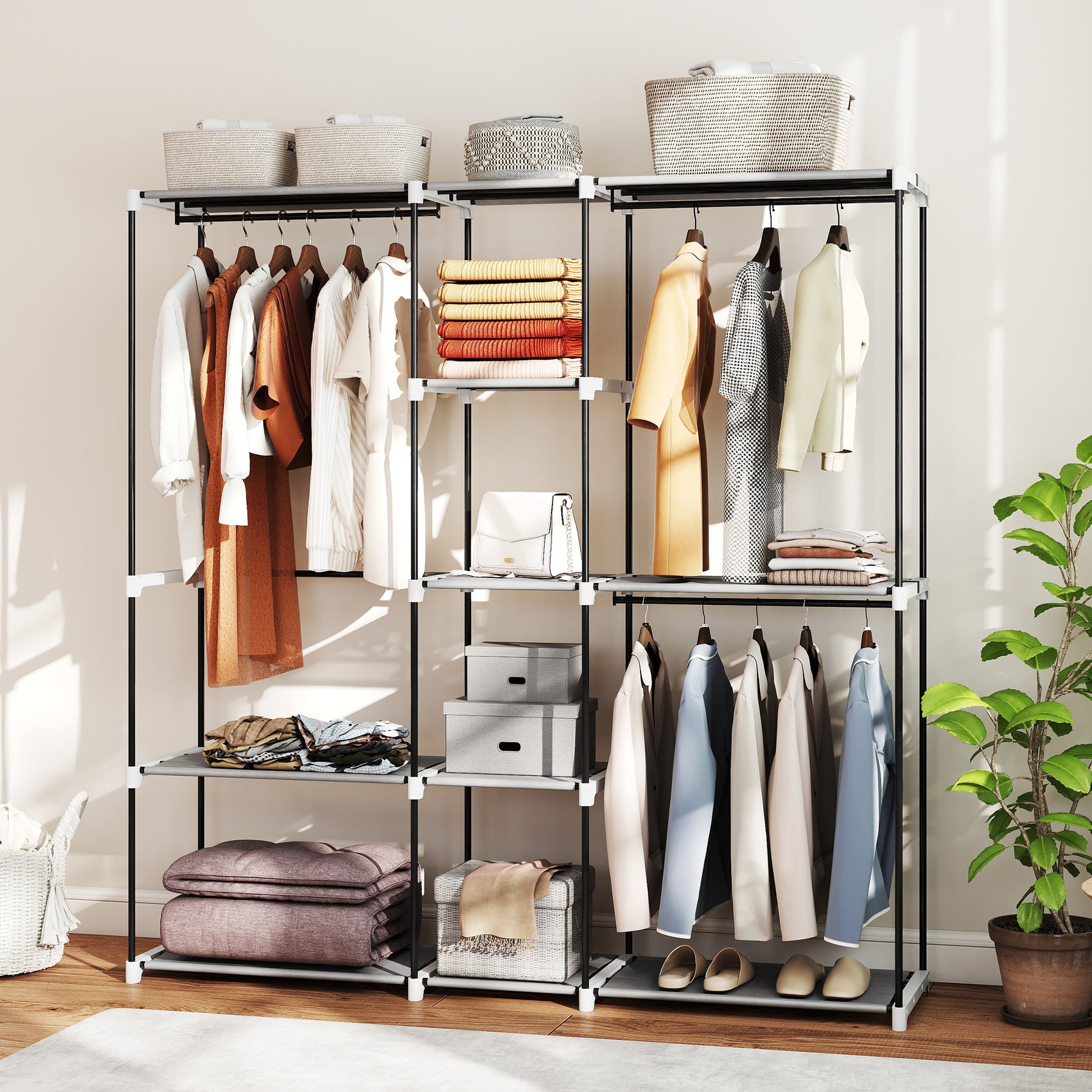 Armoire de rangement, penderie en tissu avec barre de suspension et étagères, 182 x 43 x 185 cm, gris