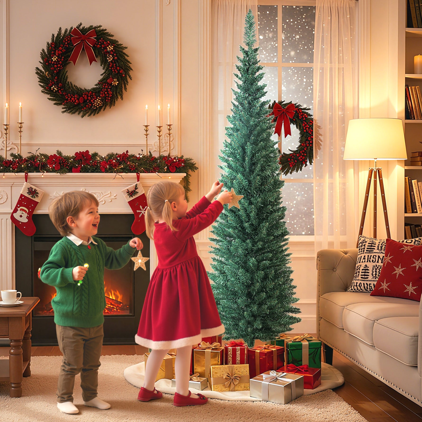 Sapin de Noël artificiel 180 cm, arbre de Noël slim, 321 pointes, facile à monter et ranger, pour maison bureau, vert