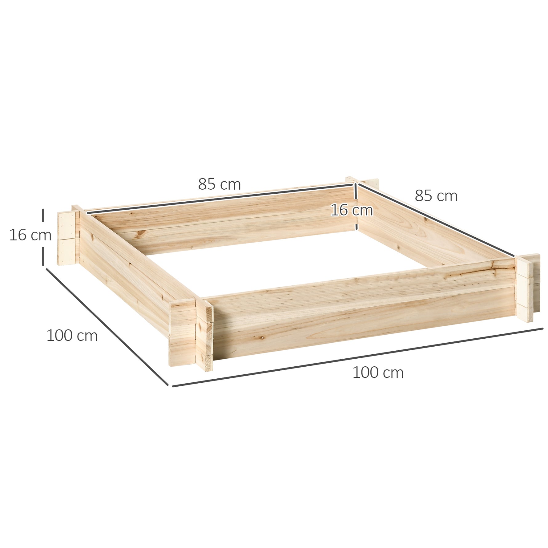Jardinière en bois carré potager de jardin sans fond facile à assembler 100 x 100 x 16 cm en bois massif bois naturel