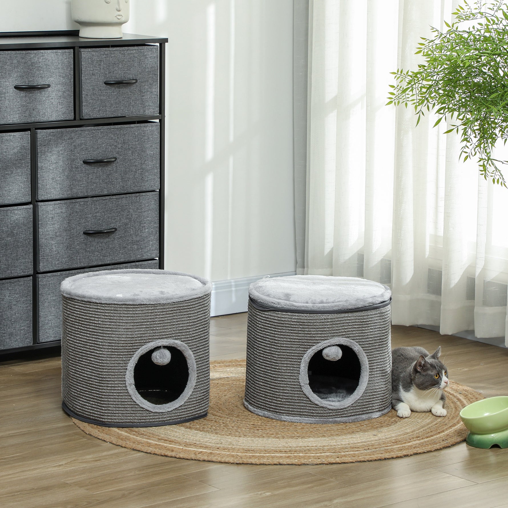 Tour pour chat modulable tonneau griffoir chat avec fermeture éclair séparable 3 niveaux deux balles Ø 42 x 69H cm gris
