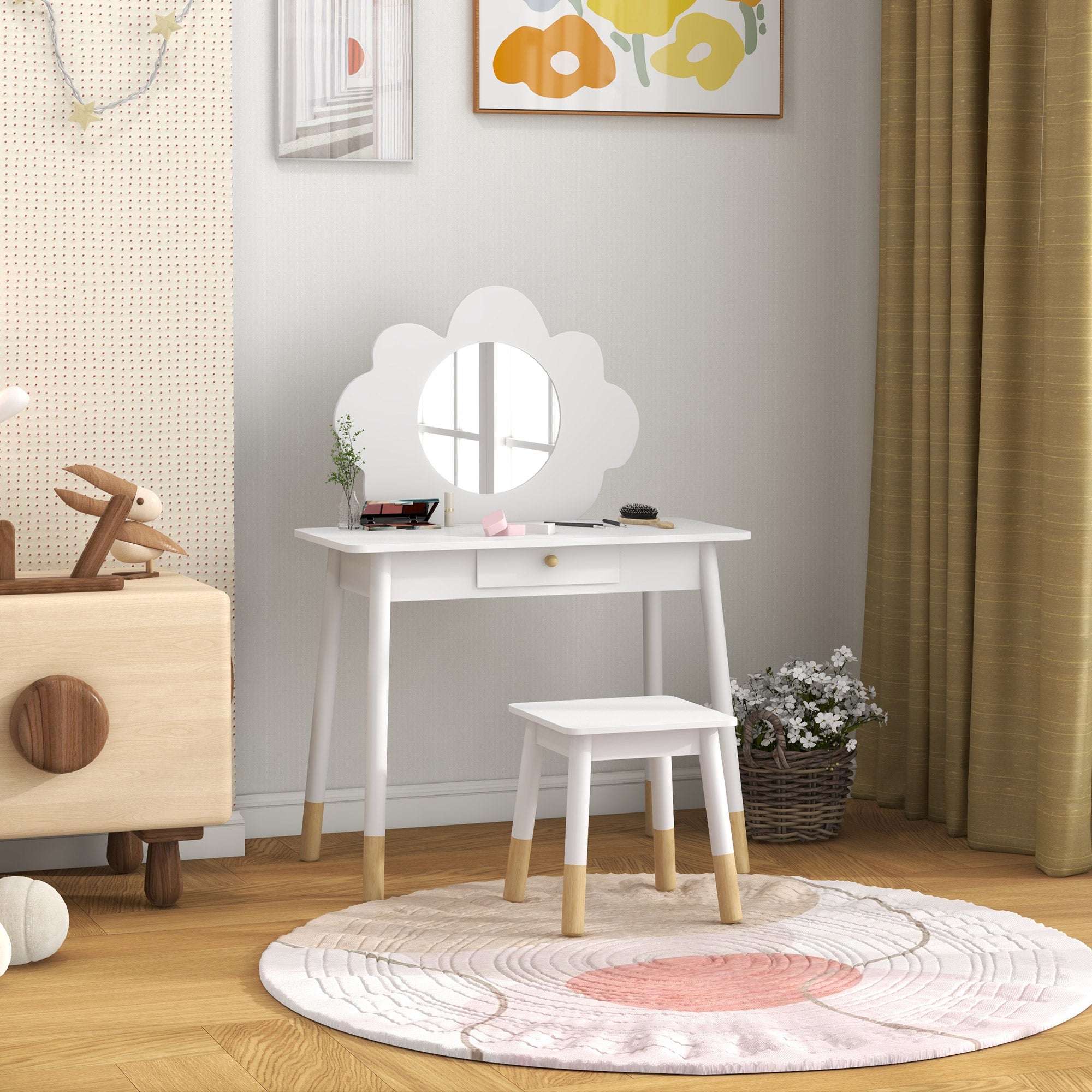 Ensemble coiffeuse pour enfant avec tabouret, coiffeuse 2 pièces pour enfants de 3 à 6 ans, miroir forme de nuage, blanc