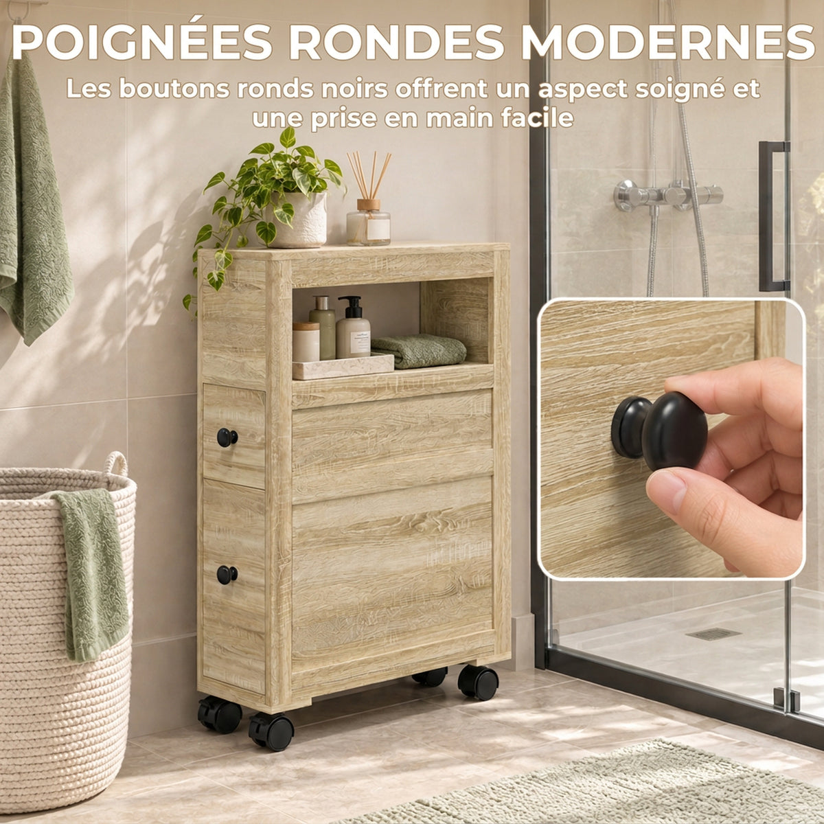 Badezimmer-Aufbewahrungsmöbel auf Rollen WC-Schrank Toilettenregal offenes Regal 2 Schubladen 16 x 52 x 71,5 cm Eiche
