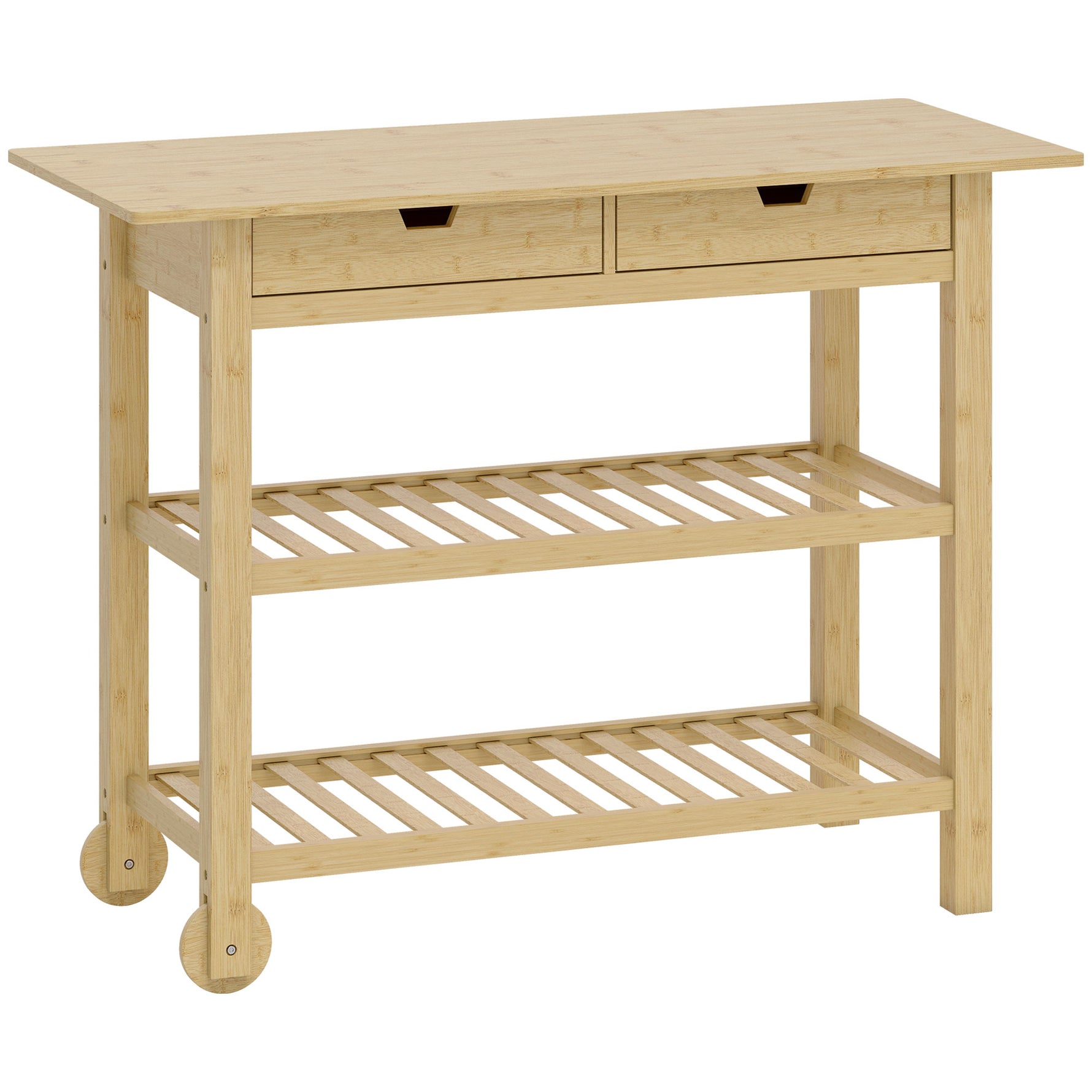 Desserte de cuisine à roulettes en bambou, chariot de cuisine avec 2 tiroirs, 2 étagères, 100 x 43 x 75 cm, bois naturel