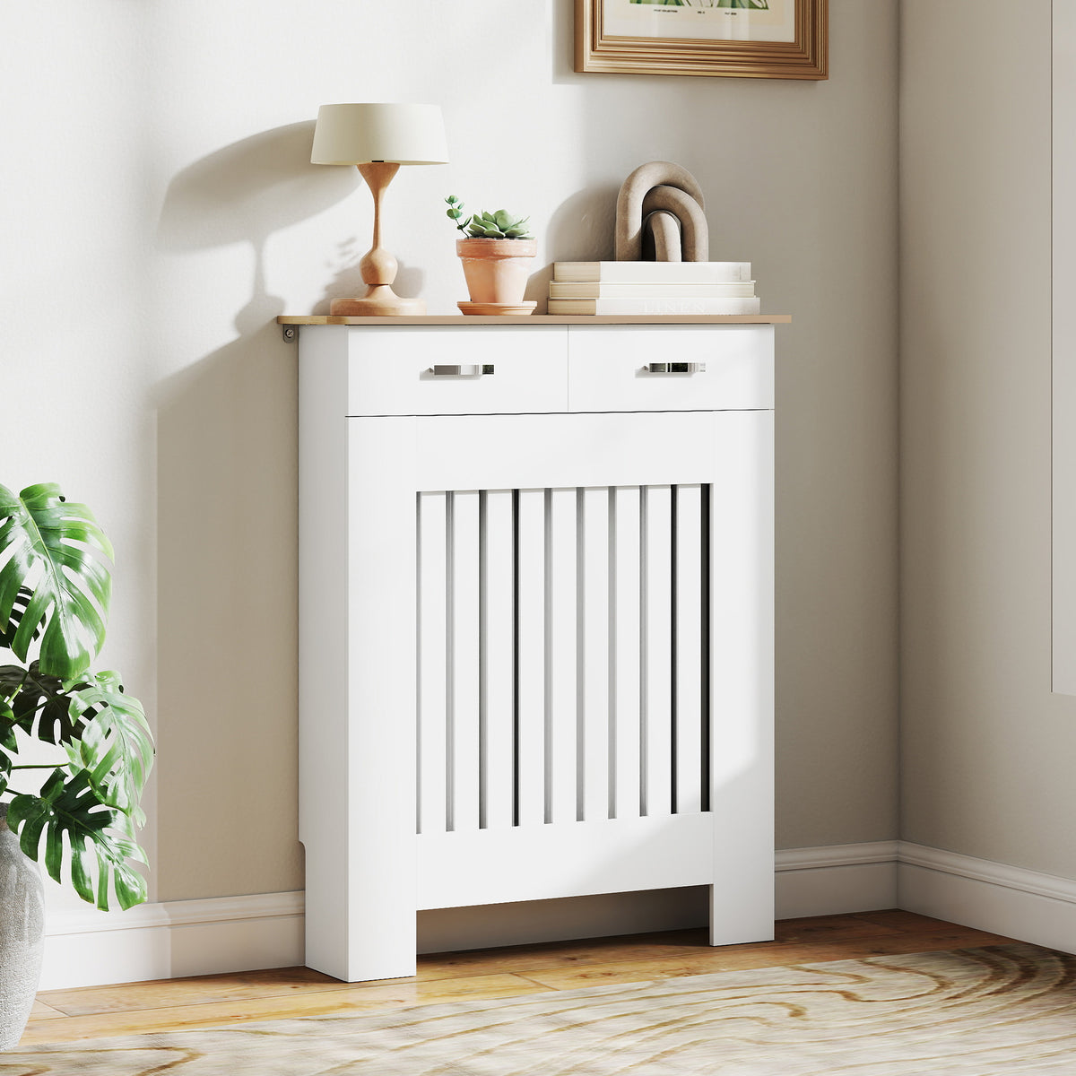 Cache-radiateur avec tiroir de rangement, meuble cache-radiateur en bois à lattes verticales, 78 x 19 x 97 cm, blanc