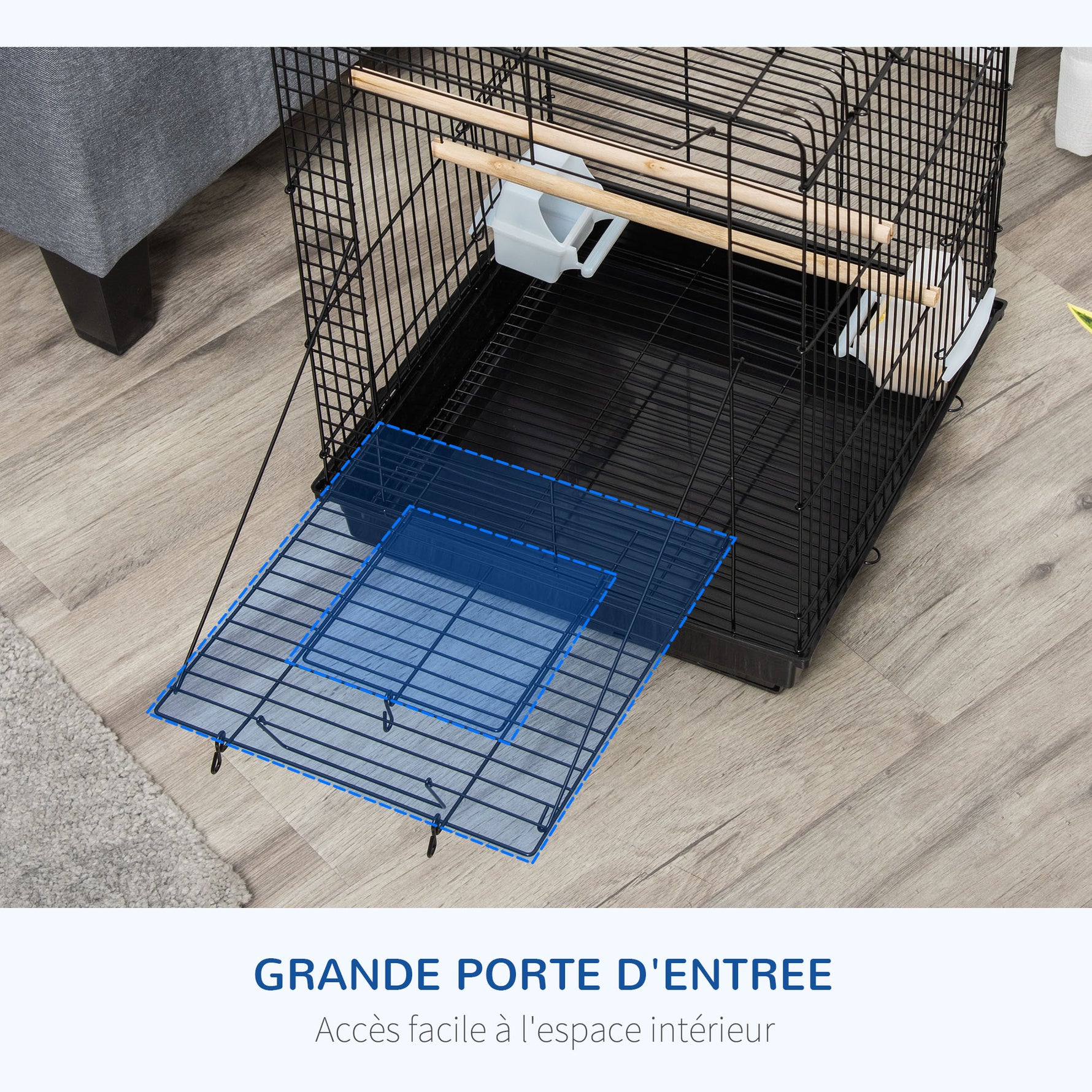 Cage à oiseaux en métal avec mangeoires perchoirs plateau amovible poignée dim. 40L x 40l x 59H cm noir