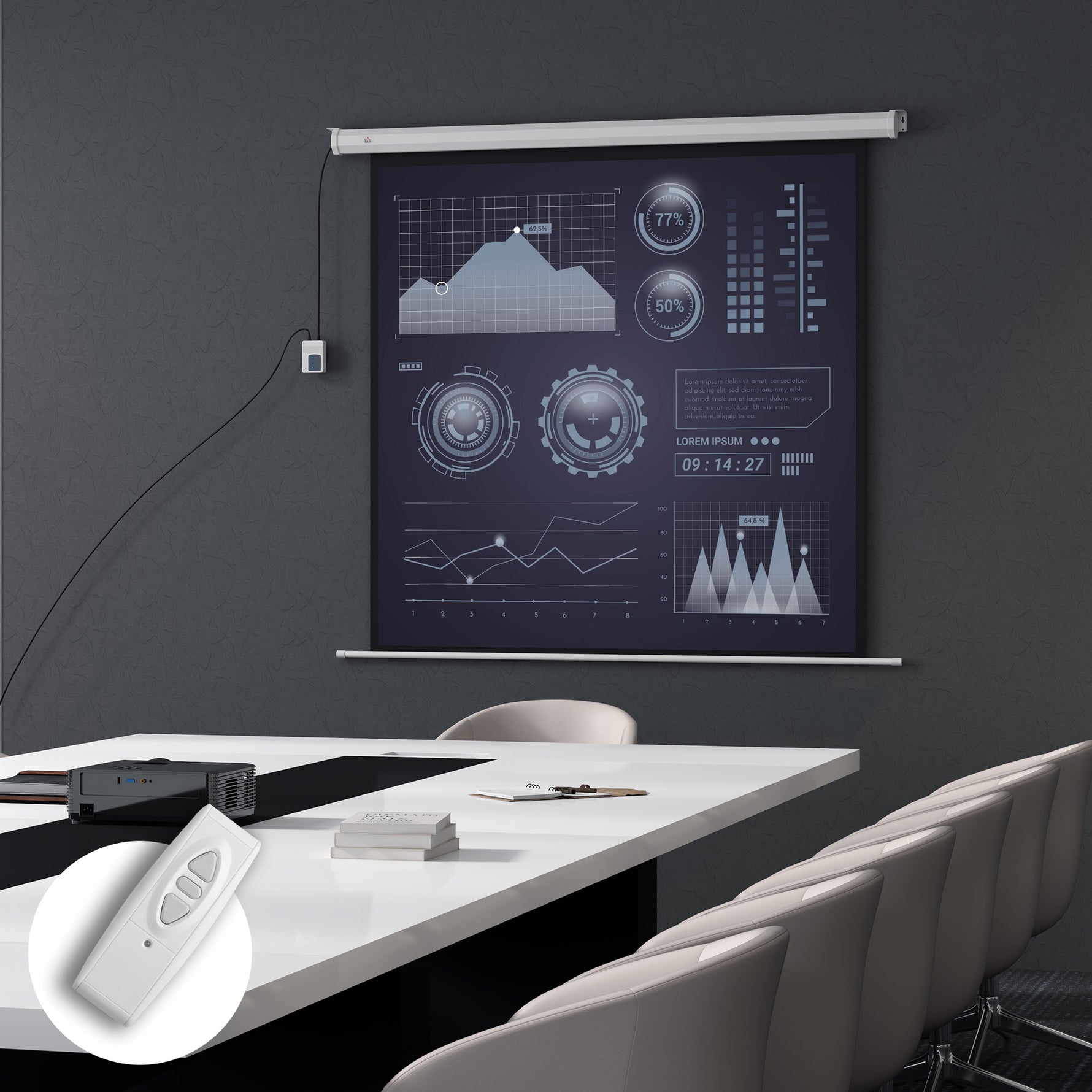 Écran de projection motorisé 85 pouces, 4K HD électrique, montage mural ou plafond, panneau de commande et télécommande