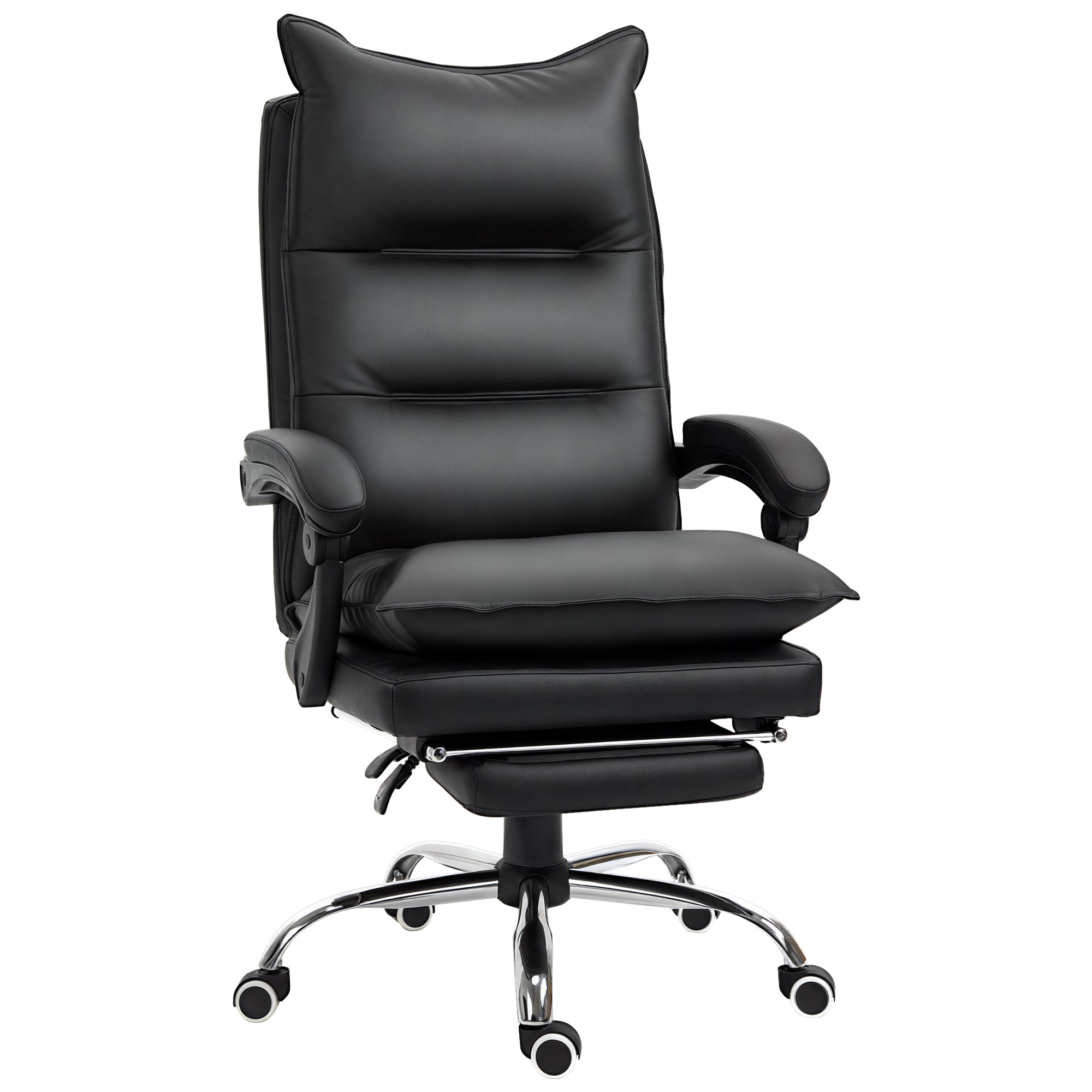 Fauteuil de bureau, chaise bureau ergonomique en similicuir avec large assise rembourrée, dossier inclinable, hauteur réglable, accoudoirs et repose-pied intégrés, charge 135 Kg, noir