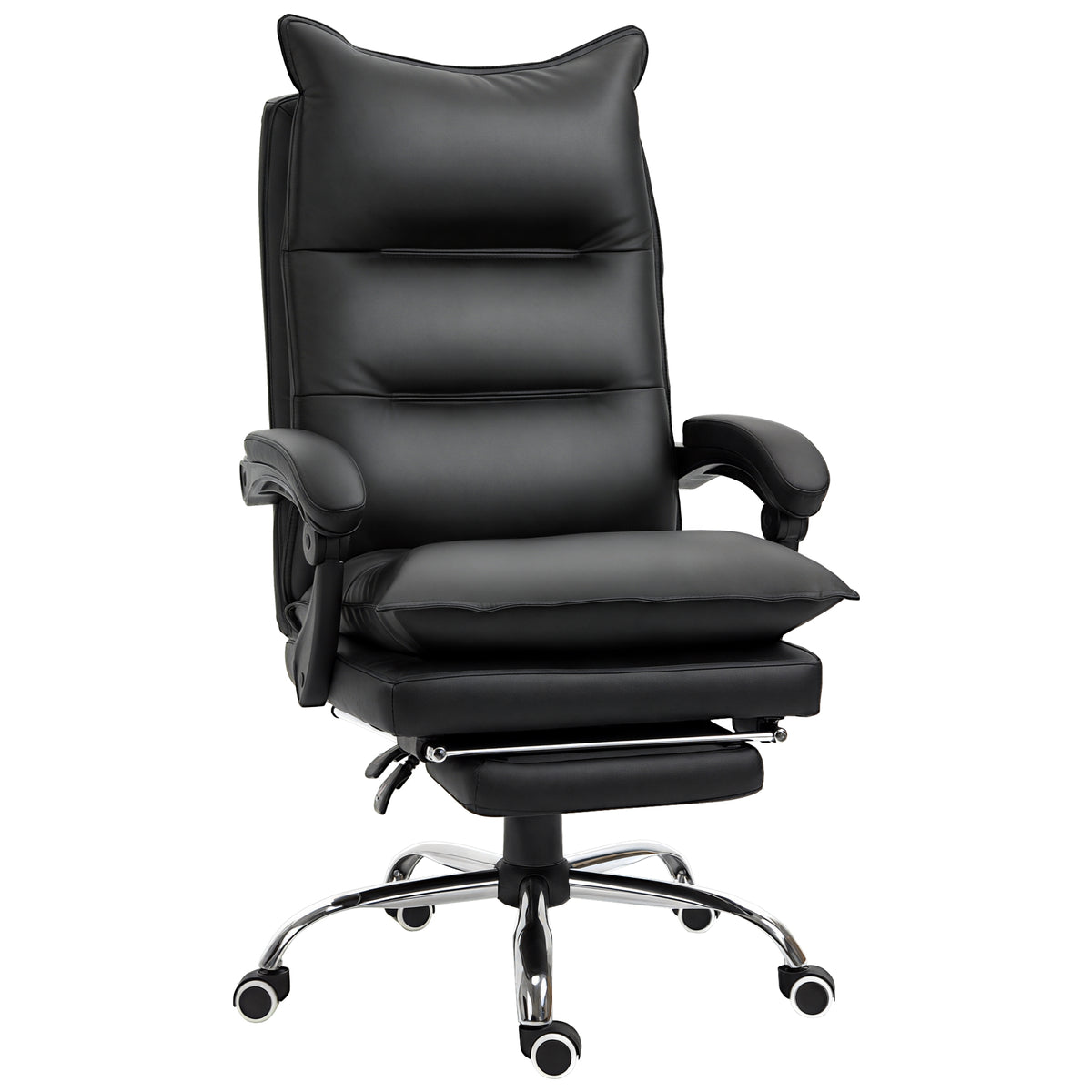 Fauteuil de bureau, chaise bureau ergonomique en similicuir avec large assise rembourrée, dossier inclinable, hauteur réglable, accoudoirs et repose-pied intégrés, charge 135 Kg, noir