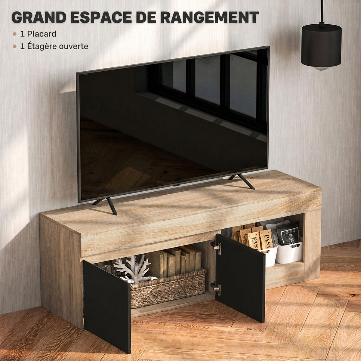 Meuble TV 2 portes pour téléviseurs jusqu'à 60 pouces, meuble télé avec placard et étagère ouverte, noir
