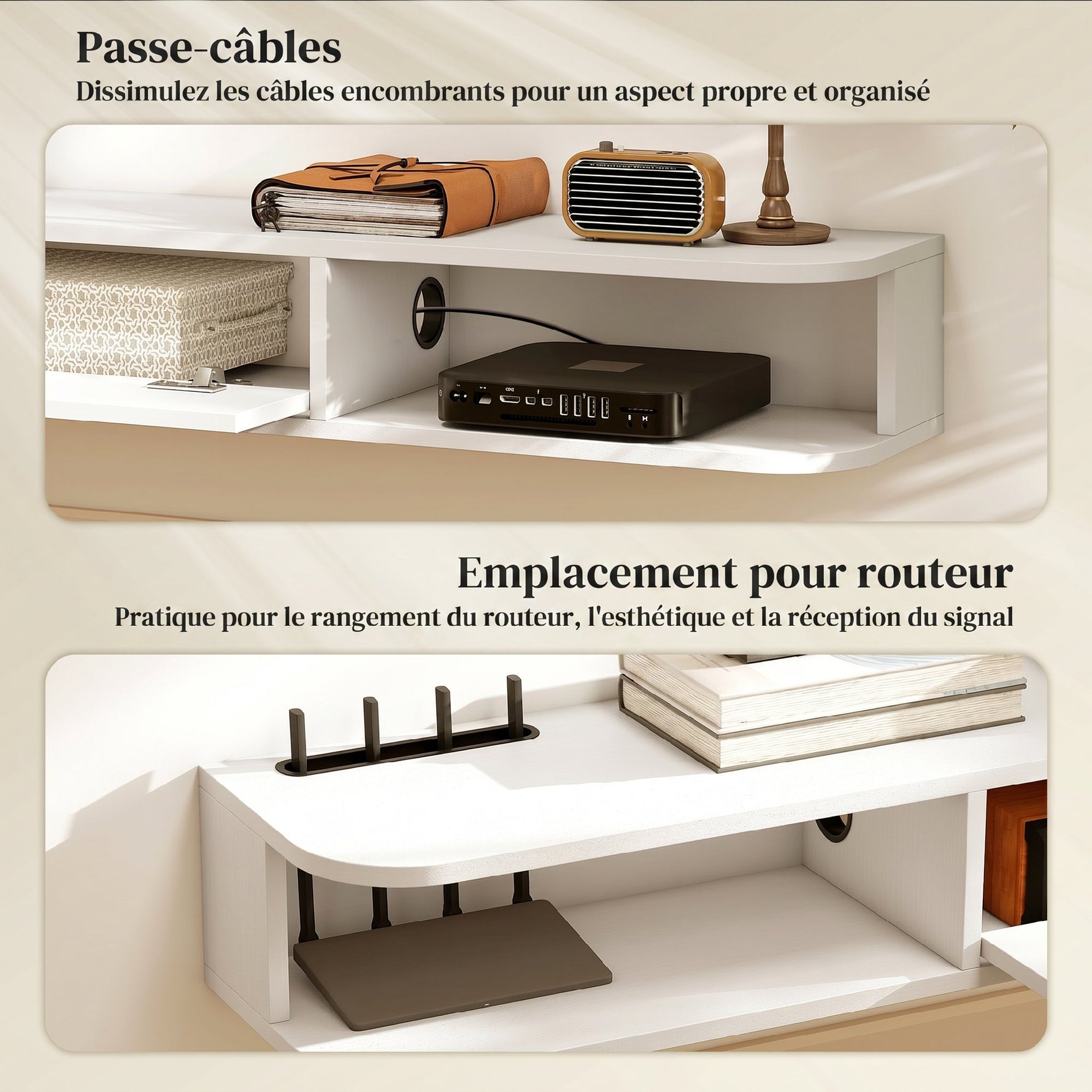 Meuble TV Suspendu, Meuble Télé pour Téléviseur jusqu'à 75 Pouces, Tiroir Rabattable, 2 Étagères, 180x24x16cm, Blanc