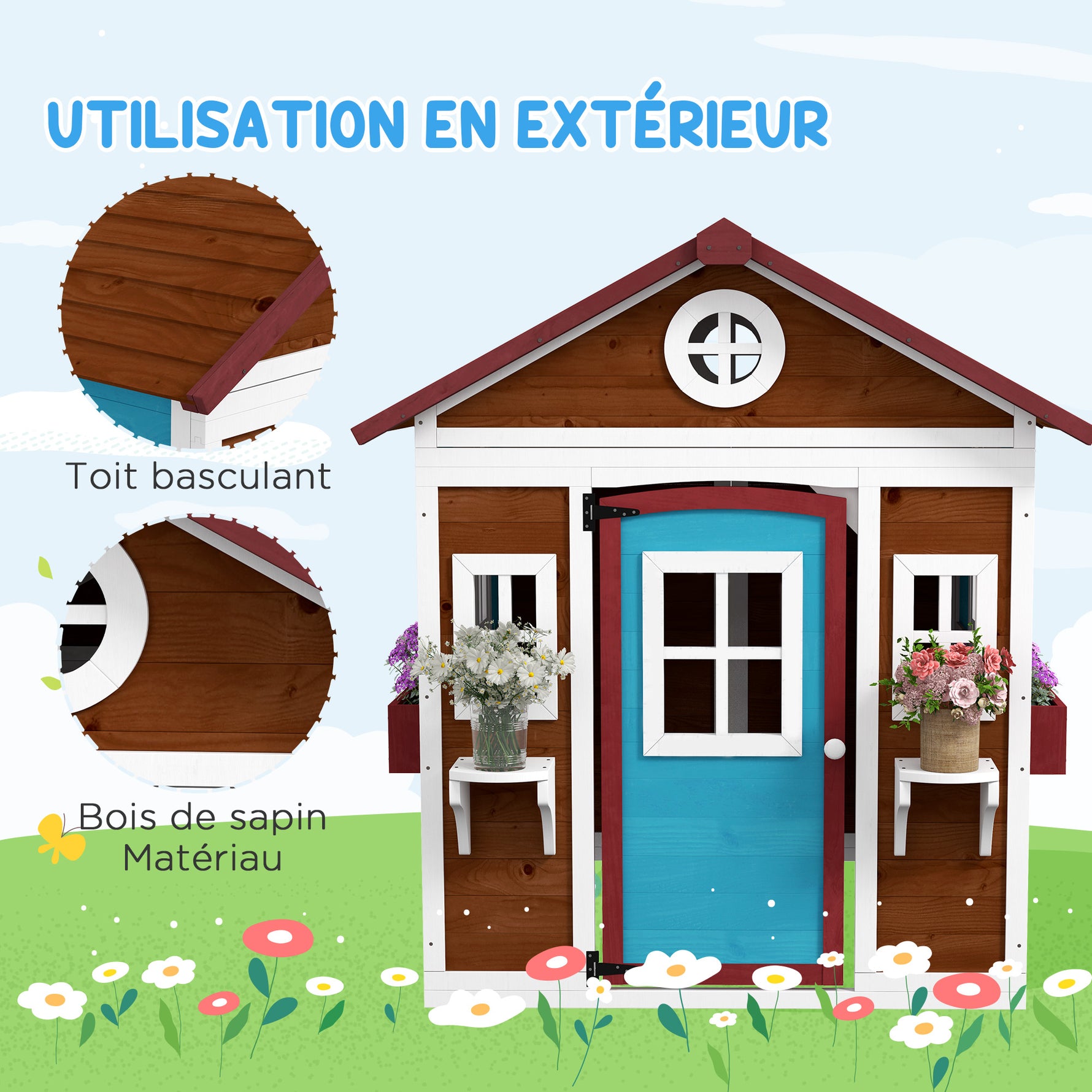 Cabane enfant extérieur maison enfant extérieure avec porte fenêtres et jardinières 114 x 126,4 x 135 cm Marron