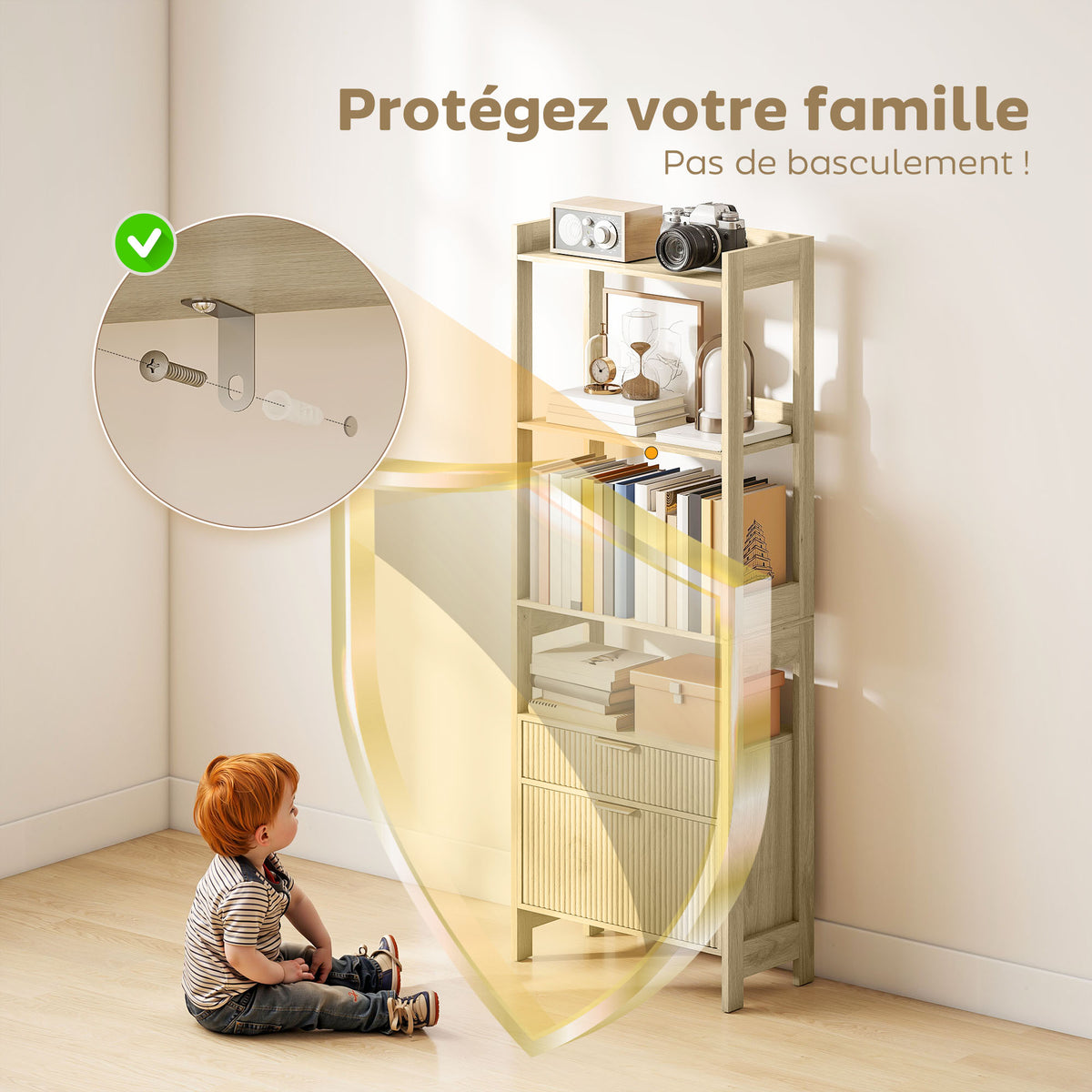 Bibliothèque haute, meuble de rangement avec 4 étagères ouvertes et 2 tiroirs cannelés, 60 x 30 x 160 cm, bois naturel