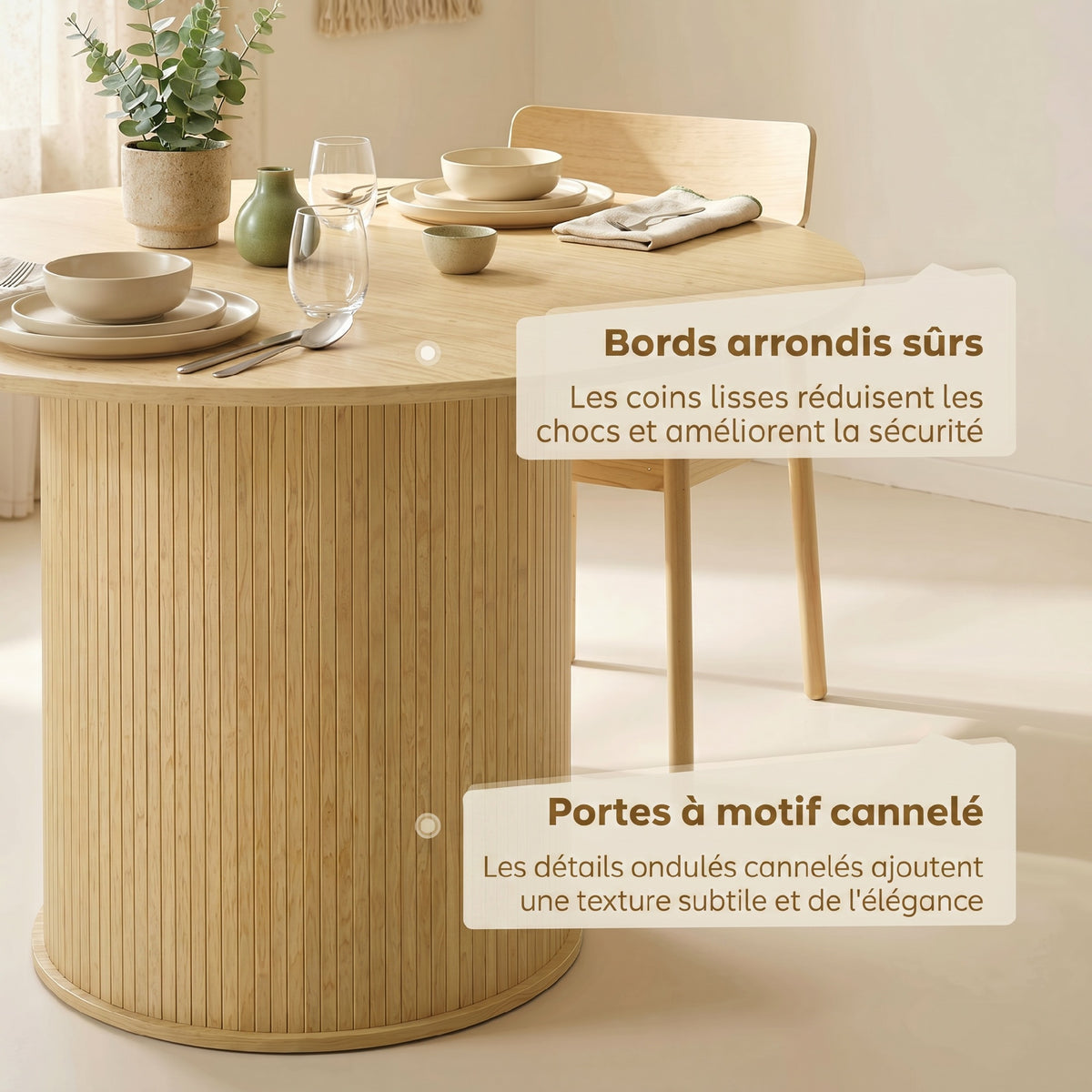 Table à manger ronde pour 4-6 personnes, Ø 120 x 75 cm, table de cuisine avec base cylindrique cannelée, bois naturel