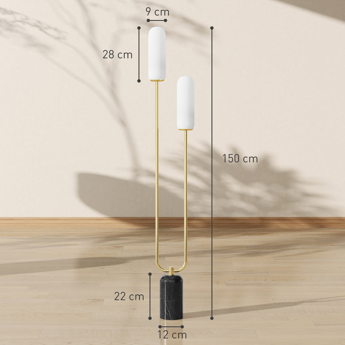 Lampadaire sur pied de salon lampe sur pied avec 2 abat-jours en verre, base en marbre et interrupteur à pied, blanc