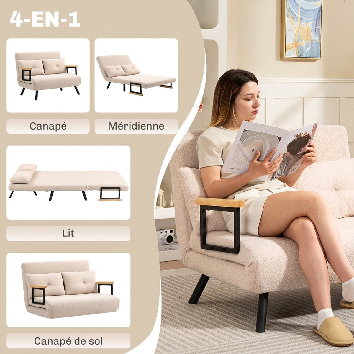 Canapé convertible 2 places 4 en 1, canapé-lit avec dossier réglable sur 5 niveaux, 2 coussins, 102 x 73 x 81 cm, beige