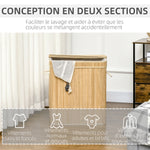 Panier à linge en bambou avec couvercle et poignées capacité 90 litres avec 2 sections et un sac amovible en tissu - 54,2 x 35,2 x 59,5 cm