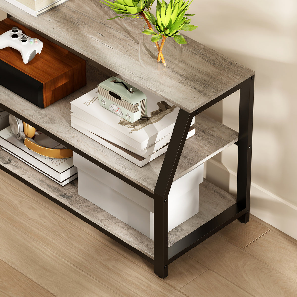 Meuble TV avec support pour téléviseurs jusqu'à 72 pouces, meuble télé avec 2 étagères ouvertes, 110x43x150cm, gris