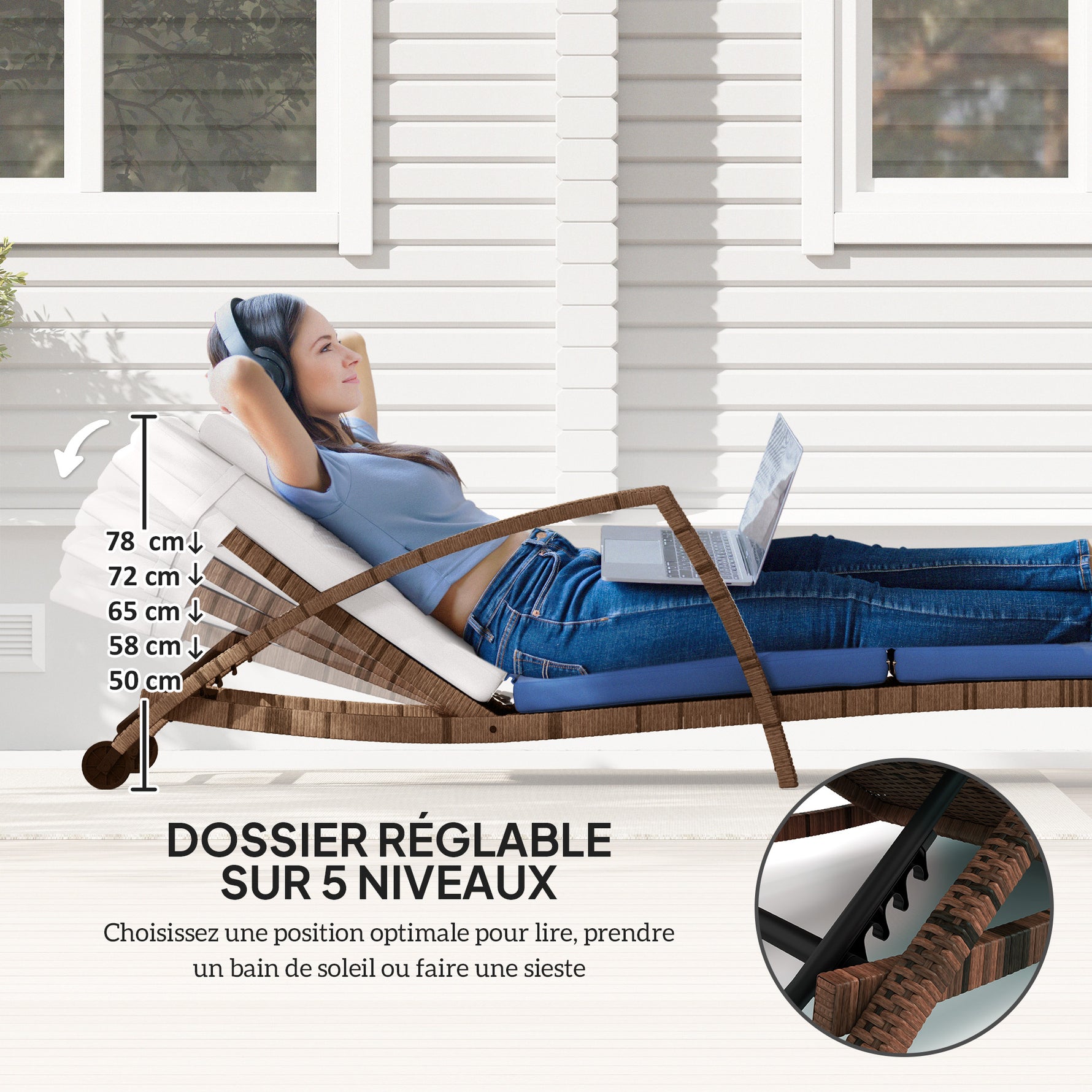 Bain de soleil, chaise longue en résine tressée avec dossier réglable, roulettes, coussin et accoudoirs, marron et beige